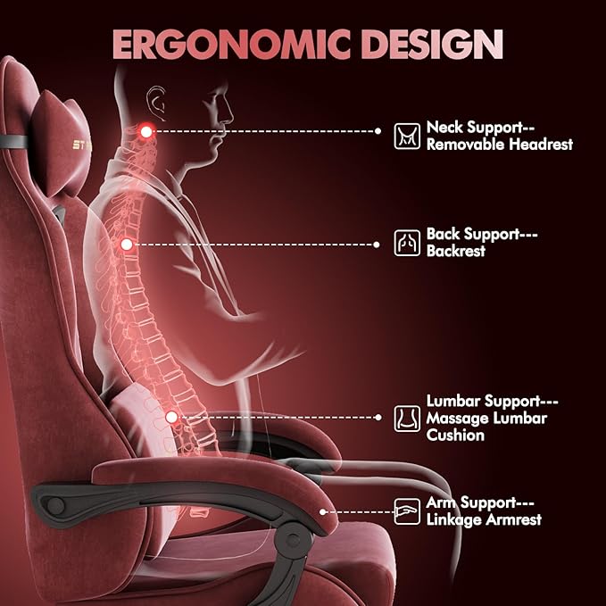 Soontrans Ergonomic Velvet Fabric Gaming Chair with Footrest Comfortable Video Gamer Chair for Adult Reclining Ergonomic Office Computer Desk Game Chairs with Massage Lumbar CushionHeadrest