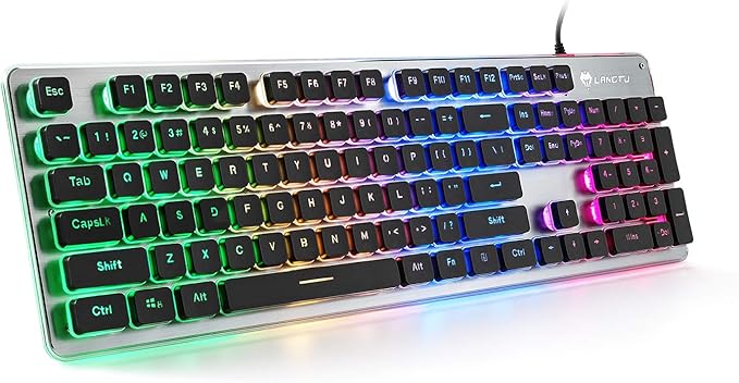 LANGTU Membrane Gaming Keyboard Colorful LED Backlit Quiet Keyboard for Study All-Metal Panel USB Wired 25 Keys Anti-ghosting Computer Keyboard 104 Keys - L1 Black/Silver…