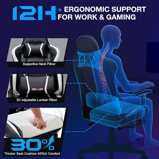 Douxlife 7-Point Massage Gaming Chair with Footrest 400lbs Heavy Duty Ergonomic Computer Chair 175° Reclining High Back Racing Seat for Adults with Adjustable Armrests &amp Lumbar Support White