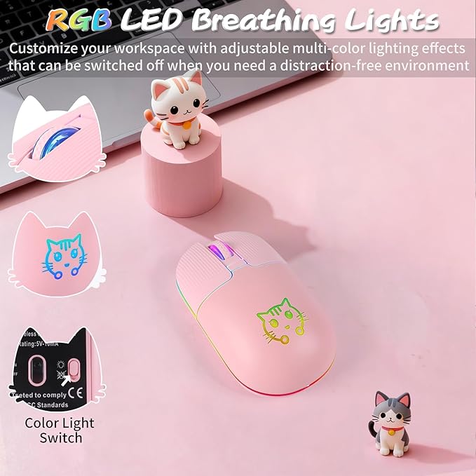 RGB Wireless Mouse Type-C Rechargeable Silent Buttons LED Breathing Light Cat Pattern for Laptop and Desktop