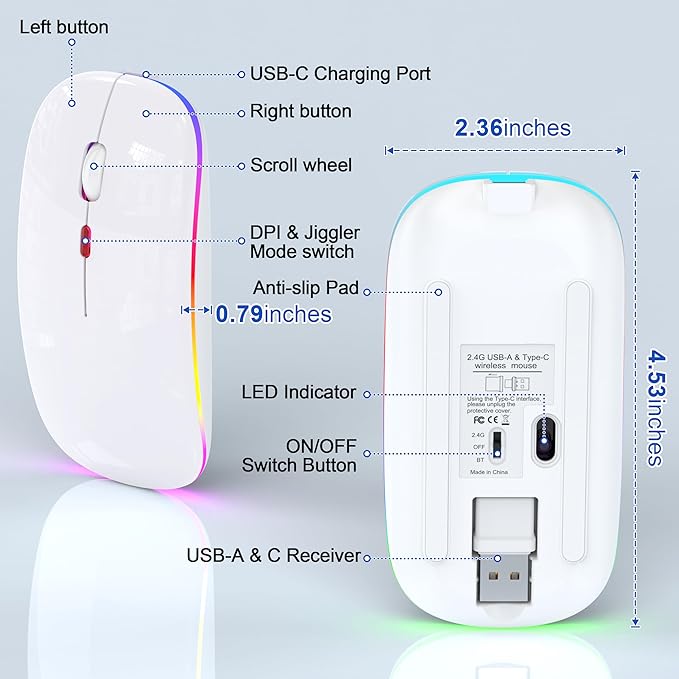 LED Wireless Mouse for Macbook Air/Laptop/iPad - Built-in Mouse Jiggler &amp 4-Mode (Bluetooth 5.2/3.0 &amp 2.4GHz USB-A/C) Rechargeable Silent Mouse Multi-Device Compatible with macOS/iOS/Windows/A