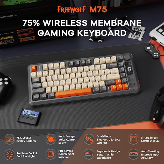 M75 Wireless Gaming Keyboard Mechanical Feel Membrane with Knob &amp OLED Display Bluetooth/2.4Ghz Rainbow Backlit Gradient PBT Keycaps 2000mAH Battery Anti-Ghosting-Dark Grey