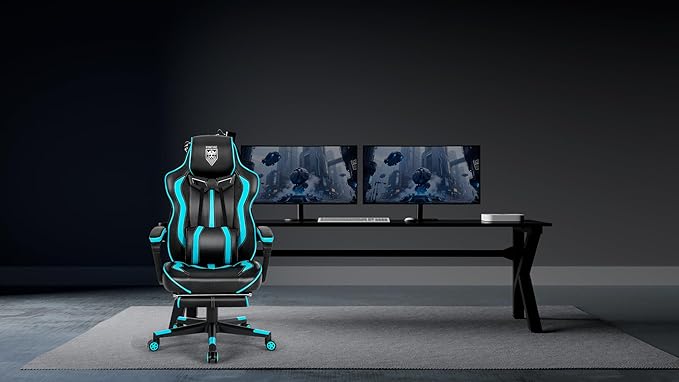 Vonesse Gaming Chairs for Adults Gaming Chairs with Footrest and Massage Reclining Computer Chair for Heavy PeopleBig and Tall Ergonomic Gamer Chair with Lumbar Pillow(Teal/Cyan)