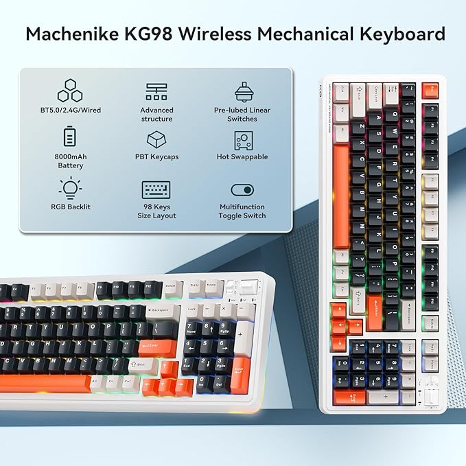 Machenike KG98 Mechanical KeyboardHot Swappable Custom Gaming KeyboardPre-lubed Linear SwitchesRGB SidelitTri-Mode 98 Keys Compact Layout for Gaming/Typing/Win/Mac/PC