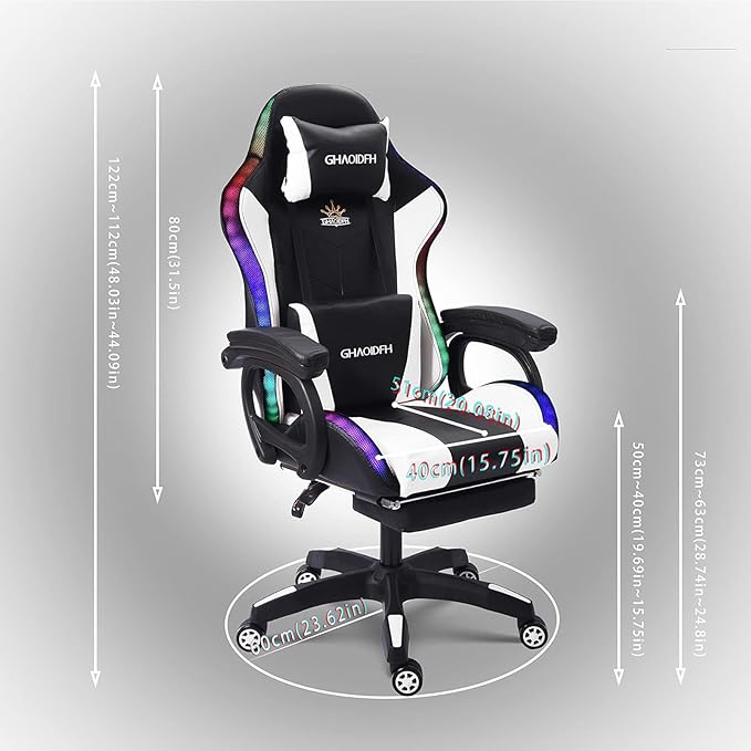 Video Gaming Chair with FootrestGame Chair with Bluetooth SpeakersComputer Chair with LED LightsErgonomic Massage Gaming Chair with Massage Function360°Swivel 90°-135° Adjustment Backrest (White)