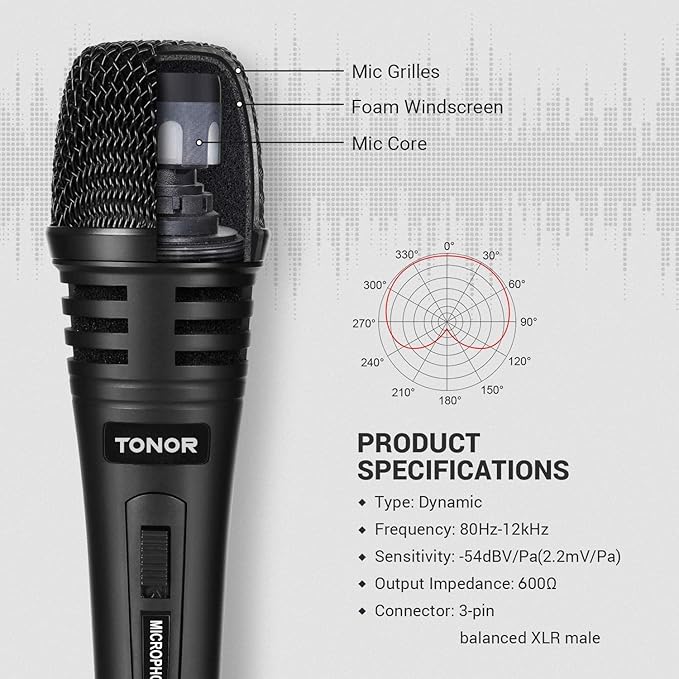 TONOR K1 Vocal Microphone for Singing Dynamic Handheld Wired Karaoke Mic Microfono with 5M XLR to 1/4 Cable Compatible with Amp Mixer Suitable for Speech Karaoke and Outdoor Activities