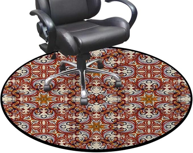 Multicolor Gaming Chair Mat Round Floor Mats for Office Chair Computer Gaming Desk Mat for Rolling Chair Non-Slip Gaming Rug Floral Middle Eastern Bouquet Print Diameter 35.4 in