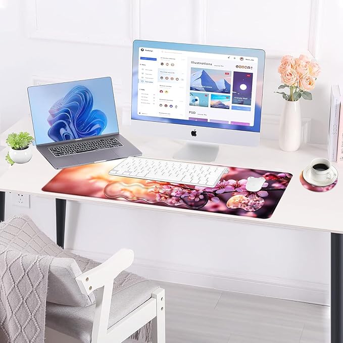 Large Keyboard Mouse Pad Set Extended Mouse Pad+Keyboard Wrist Rest Support Memory Foam Ergonomic Easy Typing 4Pcs (31.5×11.8 in) Desk Pad Set for Office HomeCherry Blossom Floral