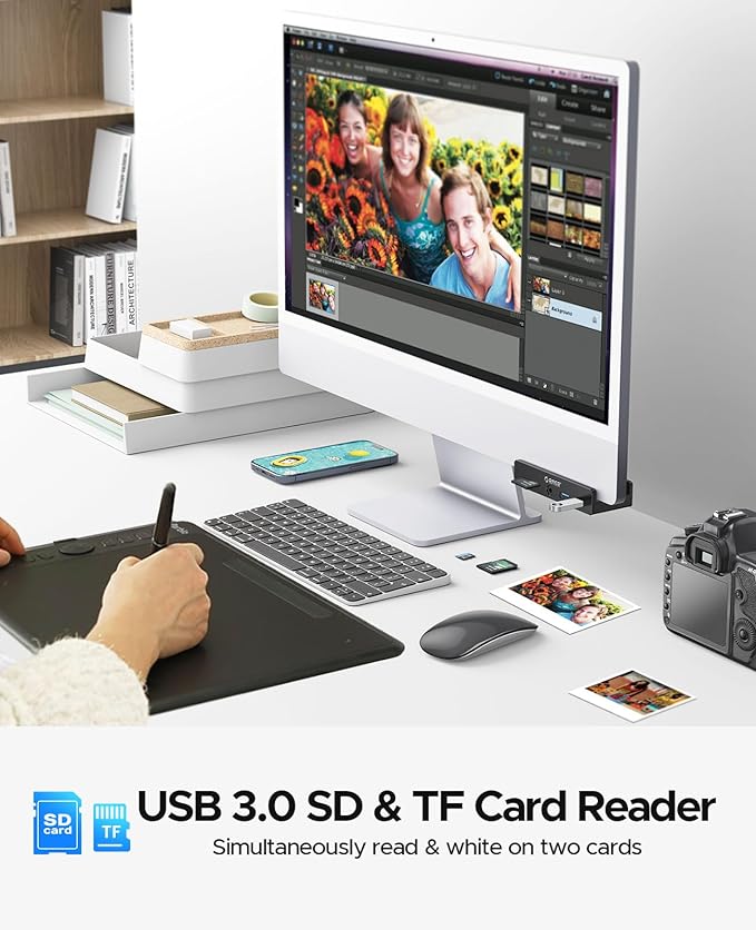 ORICO USB Hub 3.0 Clamp USB Hub with Extra Power Port Aluminum USB C Adapter with 2 USB-A Data Ports3.5mm AUX SD/TF Card Reader for Desktop(Black)