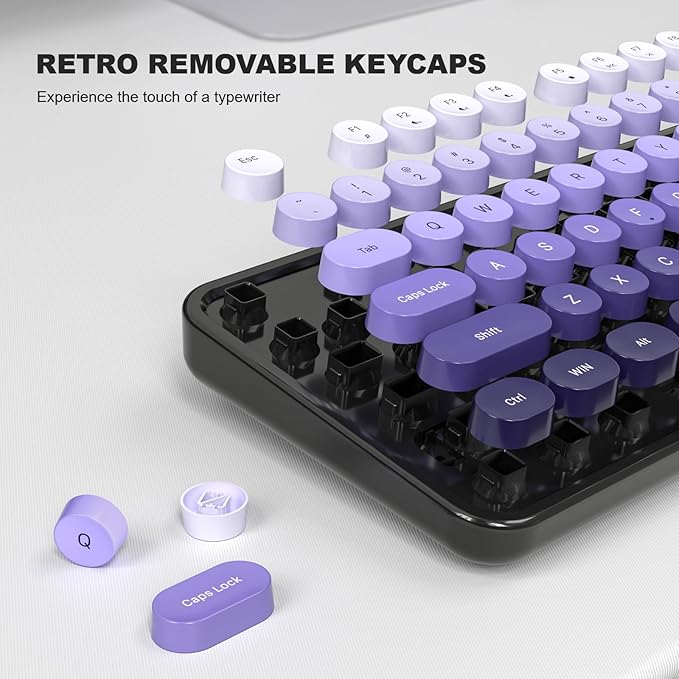 Computer Keyboard Wired Plug and Play USB Retro Round Typewriter Keyboard Full Size Wired Keyboard with Foldable Stands for Laptop and Office PC- Black Purple Gradient