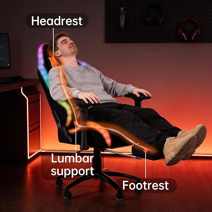Frassie RGB Gaming Chair with Footrest and LED Lights High Back Reclining Video Game Chair Ergonomic Computer Gamer Chair with Lumbar Support