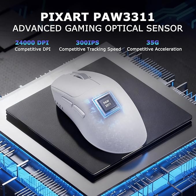 Ajazz AJ199 Wireless Gaming Mouse Carbon Fiber Shell Tri-Mode 2.4G/Bluetooth/USB-C 58g Ultra-Lightweight PAW3311 Sensor up to 24000 DPI 500mAh Battery for PC/Mac/Game/Travel White