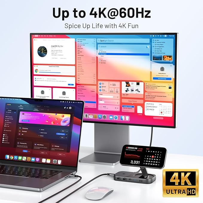 Selore USB C Hub with Wireless Charging for MacBook: 4K@60Hz HDMI 100W PD 15W Qi2 + 5W Wireless 10Gbps Ports iPhone Mirroring Docking Station &amp Magsafe Stand Space-Saving Desk Organizer(Black