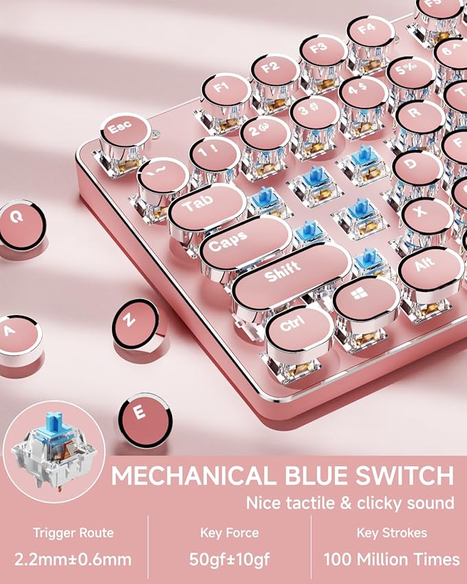 EWEADN TK950 Typewriter Keyboard Wireless Mechanical Keyboard 104 Keys Aesthetic Typewriter Keyboards with White Backlit Anti-Ghosting Blue Switch Bluetooth/2.4GHz/Wired Keyboards-Pink