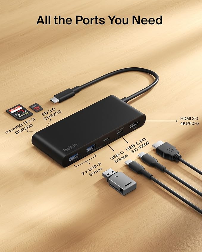 Belkin USB C Hub 7-Port Hub w/ 4K HDMI Display @ 60Hz SD &amp MicroSD 100W Power Delivery Fast Data Transfer 5Gbps USB C Multiport Adapter for MacBook iPad Pro Chromebook etc. - Upgraded HDMI