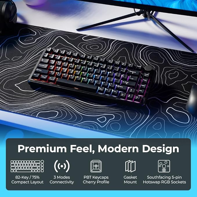 TECWARE Ghost 75% Wireless Mechanical Keyboard | RGB Gaming Keyboard with Volume Knob | Tri-Mode 2.4GHz/Bluetooth/USB-C | Gasket Mounted | Hot Swappable Pre-Lubed Linear Switches | 4000mAh | Black