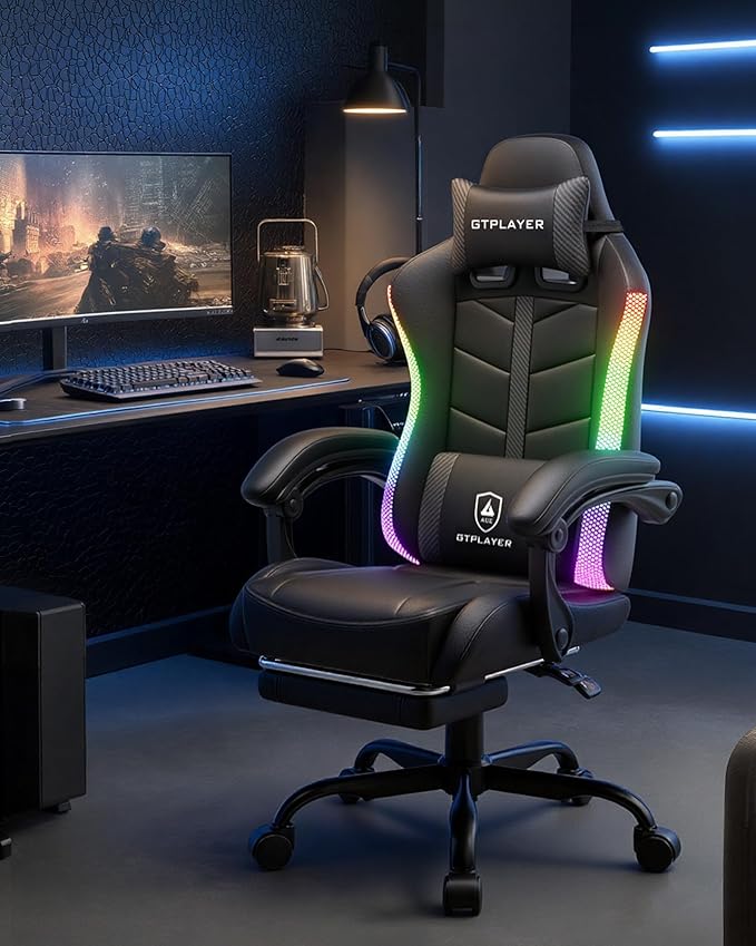 GTPLAYER Gaming Chair Ergonomic Computer Office Chairs for Adults with Footrest Height Adjustable Linkage Armrests 90-155° Recline &amp Headrest Lumbar Support RGB Black
