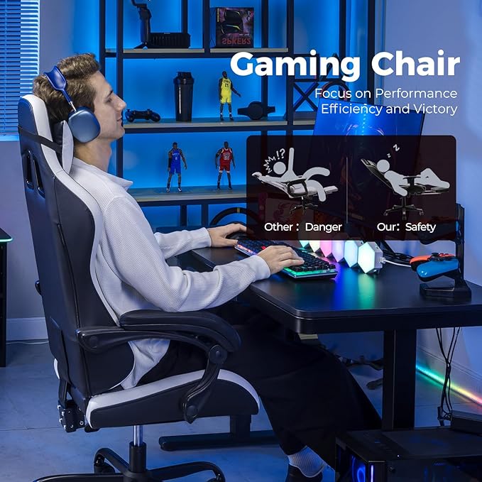 GTPLAYER Gaming Chair Video Game Chairs Racing Style PC Game Chairs 350lbs for Adults - Padded High Back Ergonomic Reclining Silla Gamer Linkage ArmrestWhite