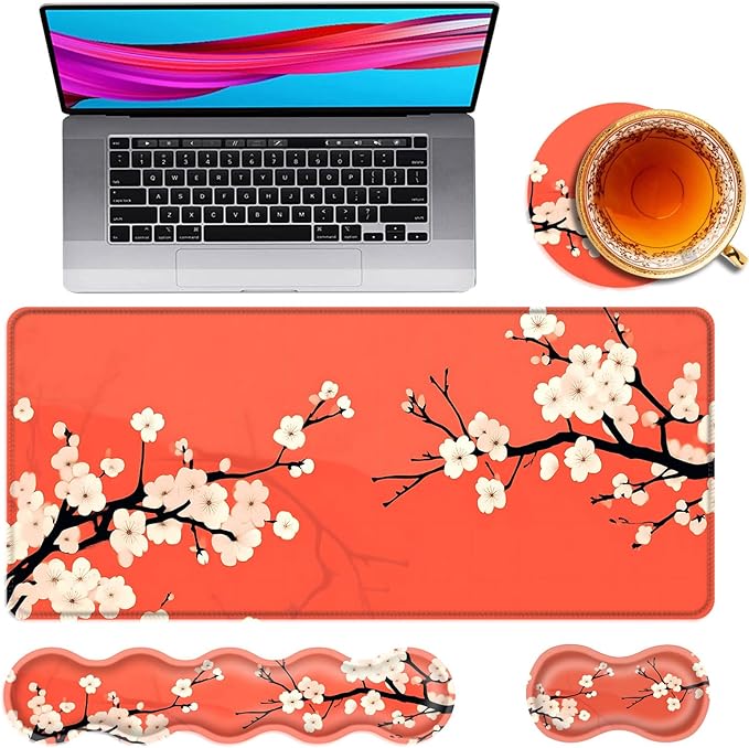 Large Mouse Pad and Keyboard Wrist Rest Desk Pad for Keyboard and Mouse 4-in-1 Large Gaming Mouse Pad with Wrist Support Desk Mat for Home Office Study GameBeautiful Flowers