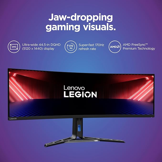 Lenovo Legion R45w-30 Gaming Monitor 44.5” 32:9 Curved DualQHD Resolution 170Hz Refresh 1ms MPRT AMD FreeSync Premium Pro HDR400 KVM USB-C RJ45 Lift/Tilt/Swivel Stand 450 nits Black