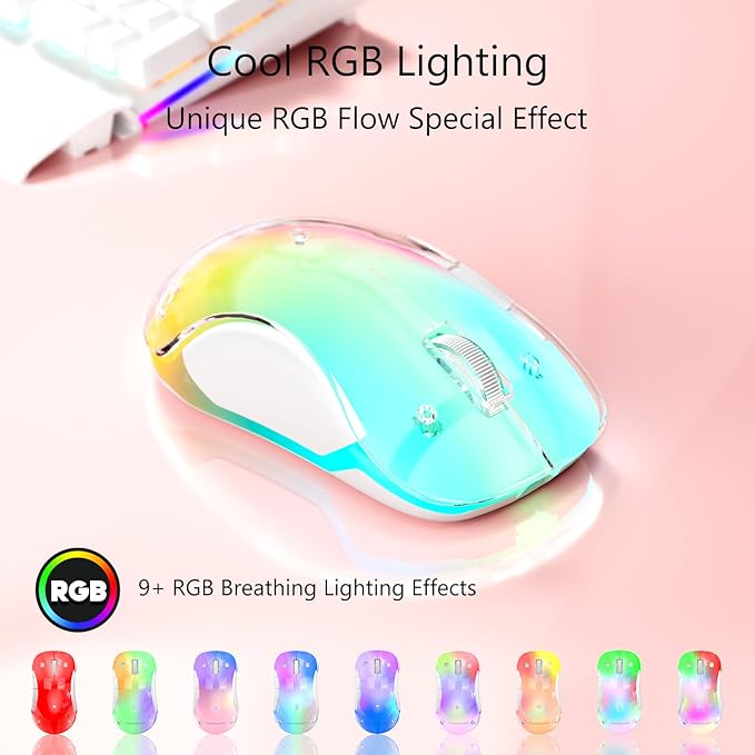 memzuoix 2.4G Wireless Mouse with Customizable Cover &amp 9-Color LED - Rechargeable Ergonomic 1400 DPI 5 Buttons USB Receiver for PC/Mac - Pink