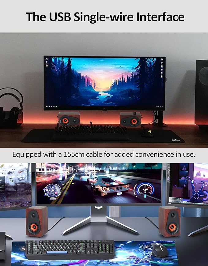 12W USB Computer Speakers 【2026 Update】 Wooden Desktop Speakers with Dual Diaphragms High-Fidelity Stereo for PC Laptop Monitor Tablet – USB Powered with Built-in Audio Output