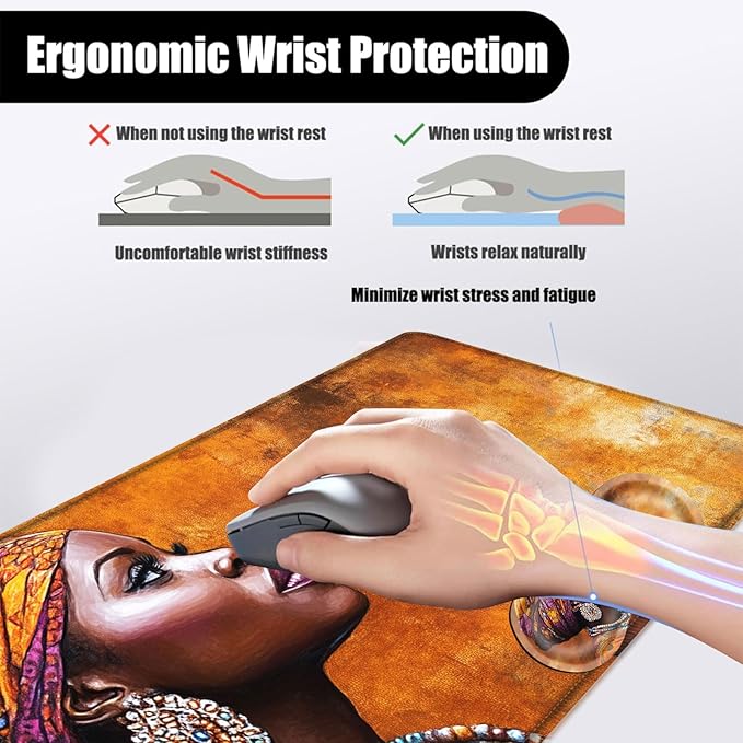 Mouse PadLarge Desk Mat Set 4in1 XL Mousepad + Keyboard Wrist Rest+Mouse Wrist Rest+Coaster with Ergonomic Desk Pad for Home Office Table Computer Cover -African Woman in Prayer Art