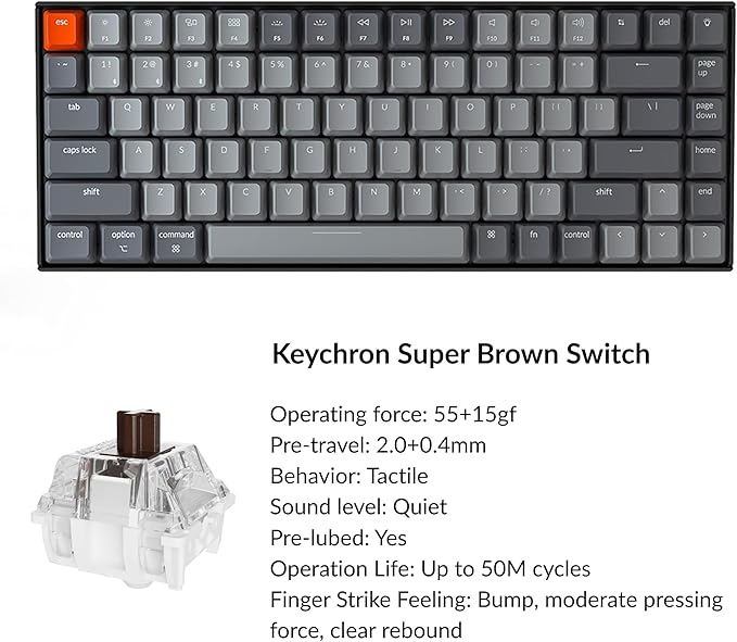 Keychron K2 75% Layout RGB Bluetooth Wireless Mechanical Keyboard with Keychron Super Brown Switch/Anti Ghosting/N-Key Rollover Compact 84 Keys USB Wired Gaming Keyboard for Mac Windows-Version 2