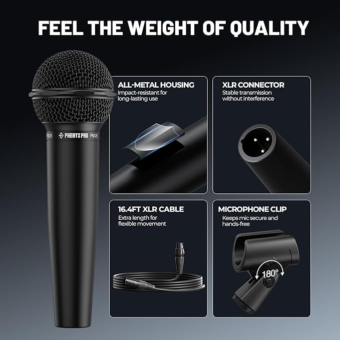 Phenyx Pro Dynamic Vocal Microphone Cardioid Microphone with 16.4 ft XLR Cable Mic Clip Storage Bag Wired Handheld Mic for Singing Stage Studio Karaoke (PM-25)