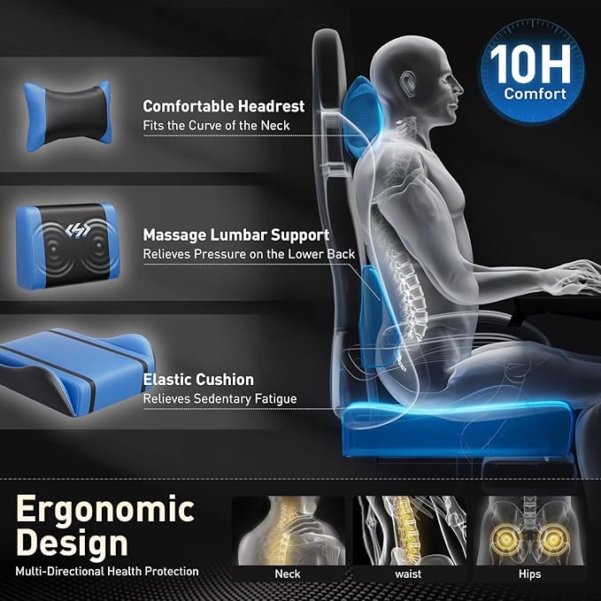 HLDIRECT Gaming Chair Ergonomic Video Game Seat with 360° Swivel &amp Lumbar Massage Computer Chair PU Leather Cushion for Adults Home/Office Use (Black &amp Blue)