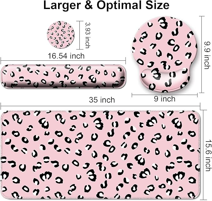 Mouse Pad + Desk Mat + Keyboard Wrist Rest + Coaster 4 in 1 Set Cute Ergonomic Large Gaming Mousepad with Wrist Rest Support Desk Pad for Computer Laptop Office Home Decor-Pink Leopards