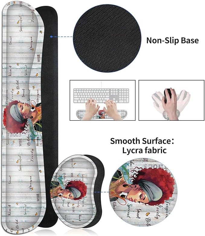 JVGFYNKL Large Gaming Mouse Pad Set Ergonomic Memory Foam Keyboard Wrist Rest Support + Mouse Wrist Rest + Extended Desk Mat with Non-Slip Rubber Base Cartoon African Girl Pattern Desk Pad