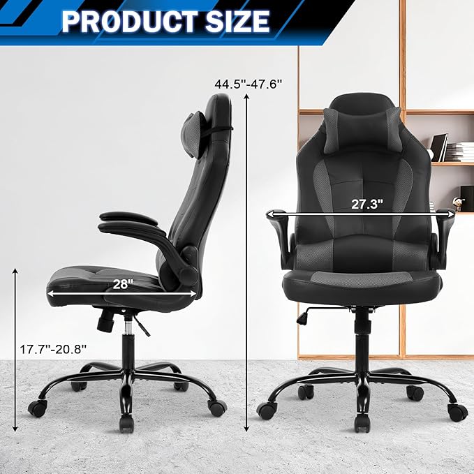 Gaming Chair Racing Chair with Lumbar Support - High Comfort PU Leather Ergonomic Office Desk &amp PC Gaming Chair for Adults Men Women - Flip-Up Arms &amp Headrest Grey