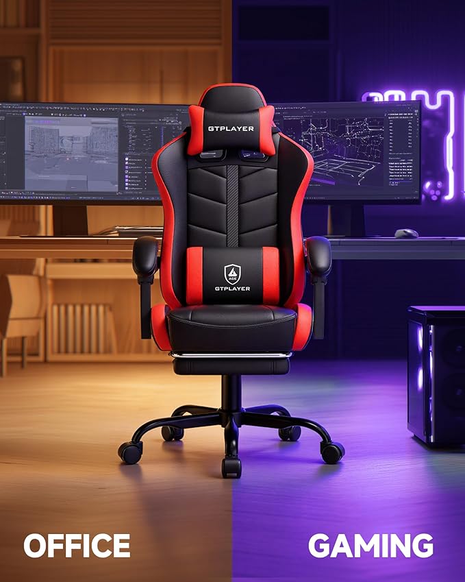 GTPLAYER Gaming Chair for Adults Ergonomic Computer Gaming Chair with Footrest Height Adjustable 90-155° Recline &amp Removable Headrest Lumbar Support Black&ampRed