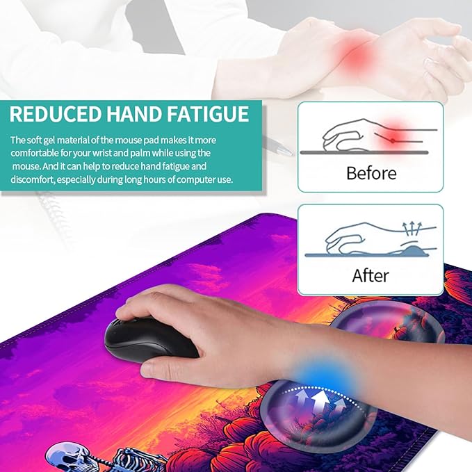 Keyboard Mouse Pad Set Extended Gaming Mouse Pad+Ergonomics Keyboard Wrist Rest Support Memory Foam Easy Typing Pain Relief 4Pcs XL Ultra Thick Desk MatHalloween Skull Pumpkin