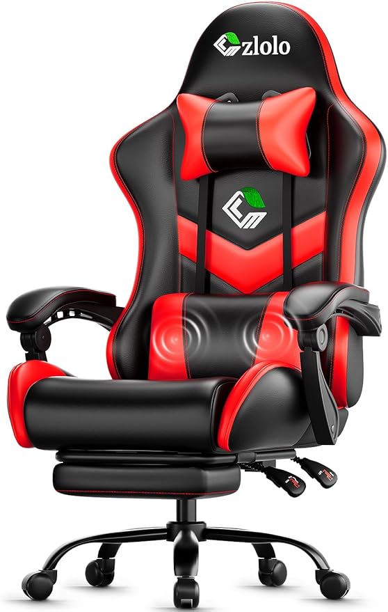 Gaming Chair Ergonomic Office Computer Chair with Footrest and Lumbar Support Massager Racing Style High Back Video Gamer Chair Wide＆Thick Cushion 90°-135° Recline Adjustable Height Red