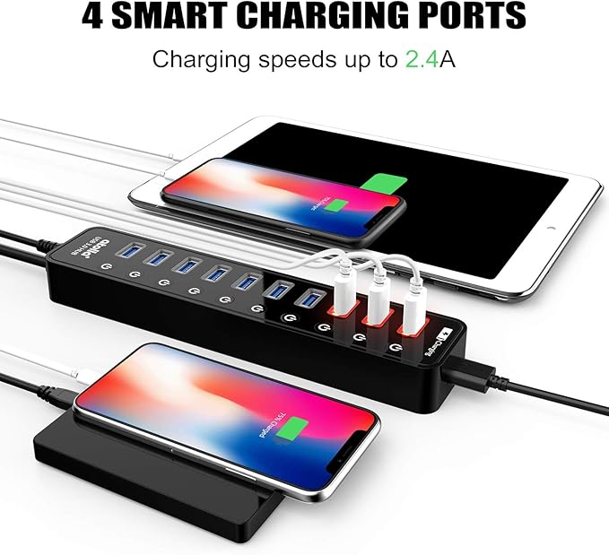 Powered USB 3.0 Hub USB 3.0 Data Hub 11 Ports - 7 USB 3.0 Data Ports + 4 Smart Charging Port with Individual On/Off Switches and 12V/4A Power Adapter USB Hub 3.0 Splitter