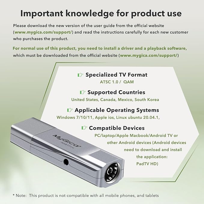Mygica A681 Pro External TV Tuner Digital HDTV USB Stick Dongle ATSC 1.0 and QAM TV Format Compatible with MacBook and Windows PC - Silver