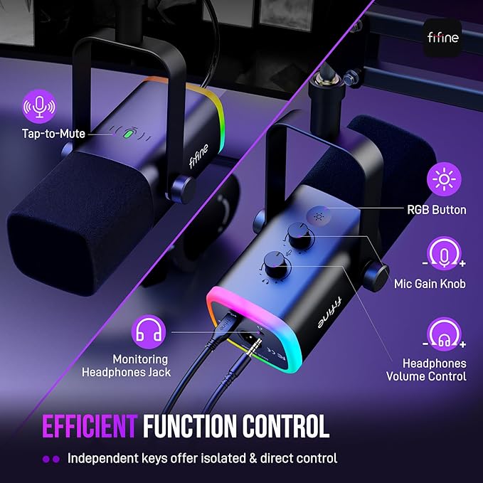 FIFINE XLR/USB Gaming Microphone Set Dynamic PC Mic for Streaming Podcasting Computer RGB Mic Kit with Boom Arm Stand Mute Button Headphones Jack for Recording Vocal Voice-Over-AmpliGame AM8T