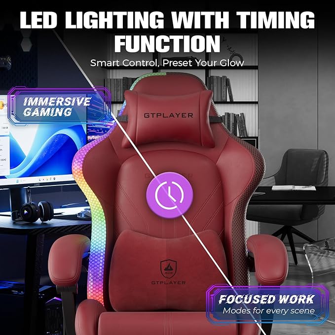 GTPLAYER Gaming Chair Computer Chair with RGB LED Lights High Back Ergonomic Chair for Adults with Footrest Reclining Office Chairs Linkage Armrest Wine Red