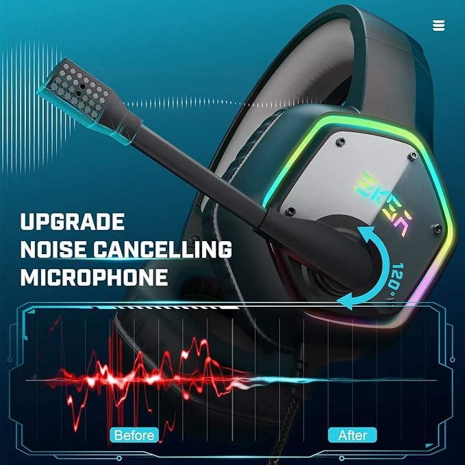 EKSA E1000 USB Gaming Headset for PC Computer Headphones with Microphone/Mic Noise Cancelling 7.1 Surround Sound RGB Light - Wired Headphones for PS4 PS5 Console Laptop Call Center