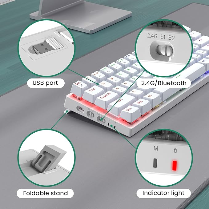 Pauroty 60% Wireless Creamy Keyboard Triple Mode 2.4G/USB-C/Bluetooth Gaming Keyboard RGB Backlit Linea Red Switches Creamy Sounding 61 Keys Rechargeable Mini Wireless MechanicalKeyboard