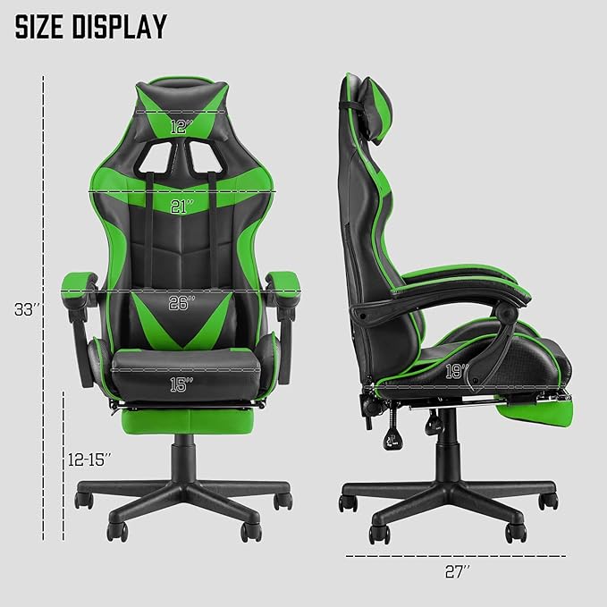 Huracan Gaming Computer Chair with Footrest Adjustable Video Game Chairs for Adults Heavy Duty Office Chair with Headrest and Lumbar Support Green
