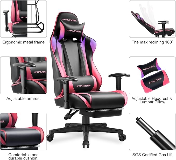GTPLAYER Gaming Chair with Footrest Ergonomic Computer Game Desk Chair Reclining Game Chair Seat Height Adjustment Swivel Rocker with Headrest and Lumbar (Colorful)
