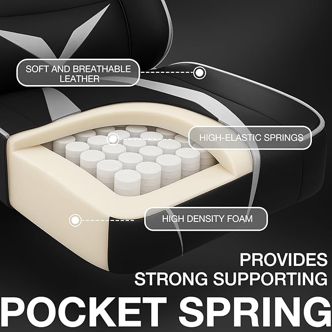 Gaming Chair with Massage Pocket Spring Cushion 155° Reclining Gaming Chair with Footrest and Adjustable Armrests Ergonomic Video Game Chairs White and Black