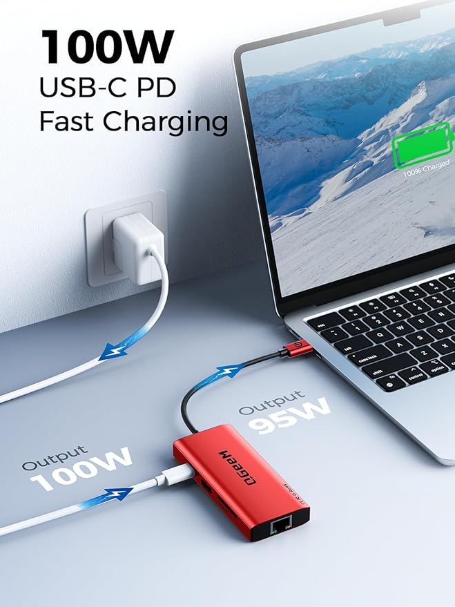 QGeeM USB C Hub Ethernet9 in 1 USB Type C Hub HDMI Multi-Port Converter Adapter100W Pd USB 3.0SD/TF Card ReaderCompatible for MacBook Pro Air Ipad HP Dell Lenovo Chromebook etc.-Red