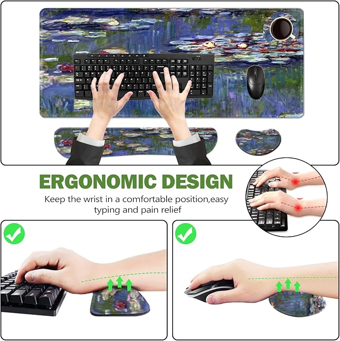 ToLuLu Extended Gaming Mouse Pad Memory Foam Ergonomic Keyboard Mouse Wrist Rest Support Set Large Desk Mat with Stitched Edges Non-Slip Base Mousepad for Home Office Game Monet Water Lilies