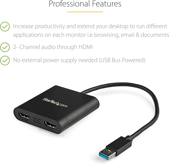 StarTech USB-A 3.0 to Dual HDMI Adapter for Windows Dual Monitor USB to 2x HDMI Display Converter 4K 30Hz + 1080p 60Hz Extend or Mirror Multi-Screen Setup