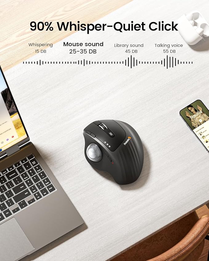 ProtoArc Wireless Trackball Mouse EM01 NL Ergonomic Bluetooth Rollerball Thumb Rechargeable Computer Laptop Mouse Adjustable Angle &amp 3 Device Connection for PC Mac Windows-Silver Ball