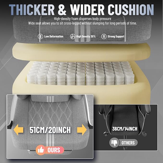 Ferghana Cotton Fabric Gaming Chair with Wider Seat Cushion Diamond Double-Stitching Ergonomic High Back Game Chair with Footrest Computer Chair with Massage Lumbar Support for Adult Gray/White